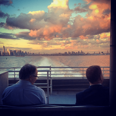 Two men look out over New York while the sun sets
