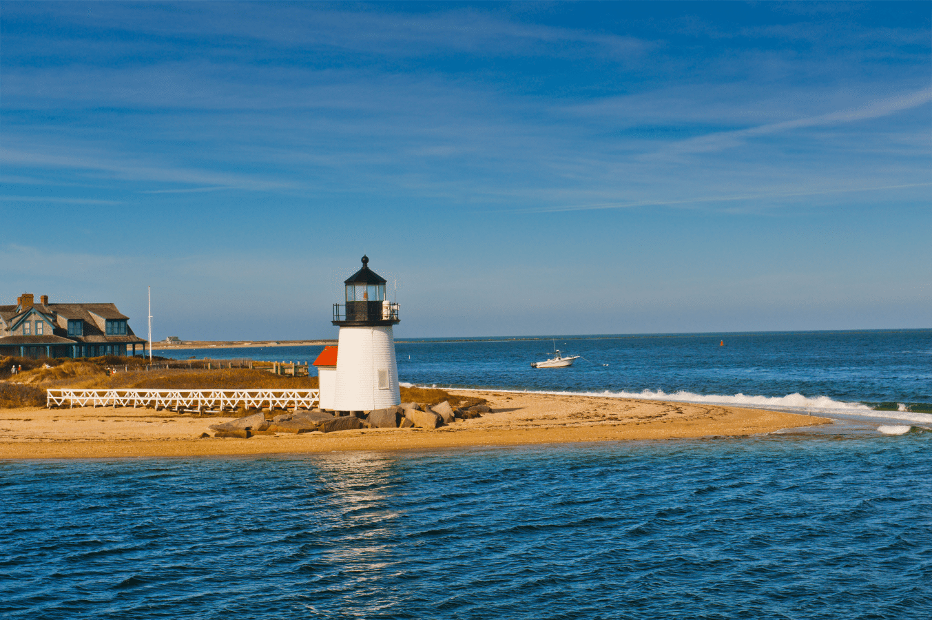 Nantucket's Brant Point Lighthouse guards the harbor on a warm summer day