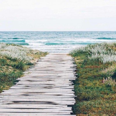 Rustic wooden bridge leading to the water over the dunes in Martha's Vineyard.